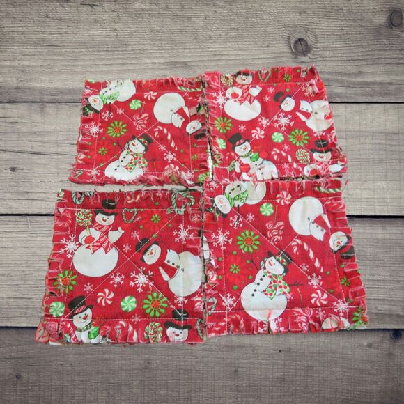 Rag Quilt Coasters, Set of 4, Reversible Christmas Snowmen and Penguin Mug Rugs - Picture 2 of 7